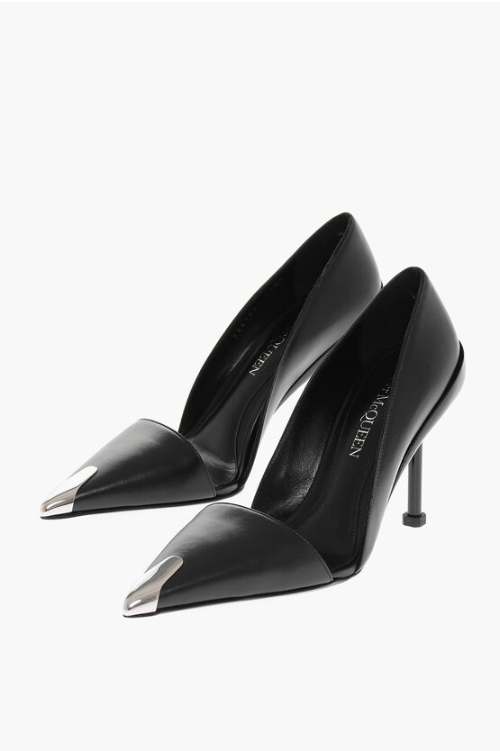 Shop Alexander Mcqueen Pointed Leather Pumps With Metallic Detail Heel 9 Cm