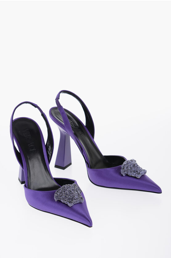 Versace Pointed Satin Pumps With Jewel Detail 11 Cm In Black