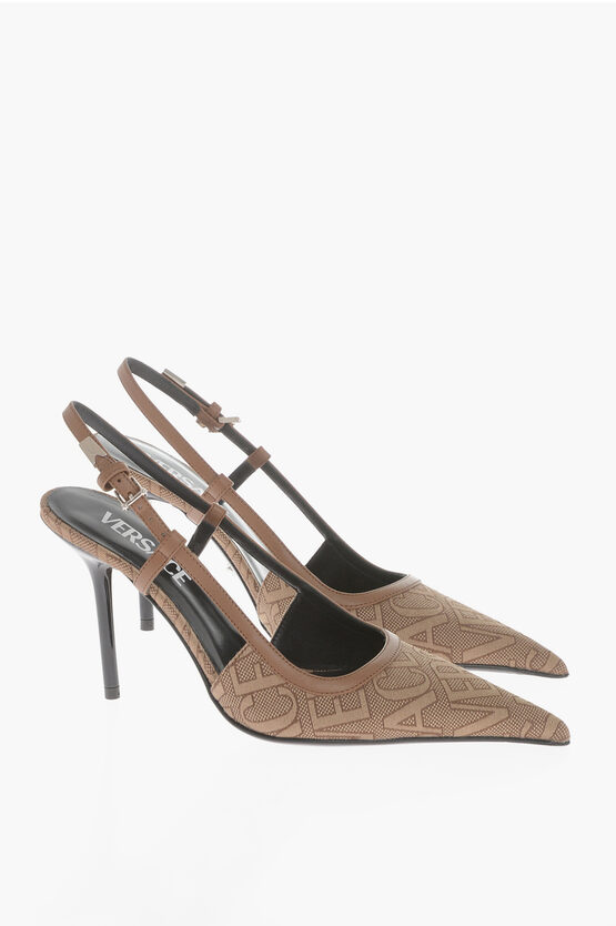 Versace Pointed Slingback Sandals With Jacquard Allover Logo In Brown