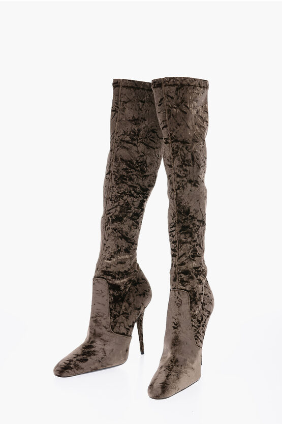 Saint Laurent Pointed Velour Knee-lenght Boots Heel 11 Cm In Brown