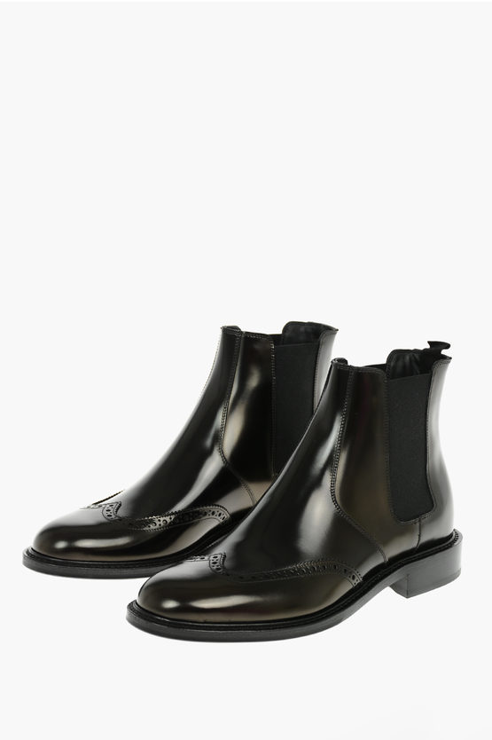 Saint Laurent Polished Leather Army Quarter Brogue Chelsea Boots In Black