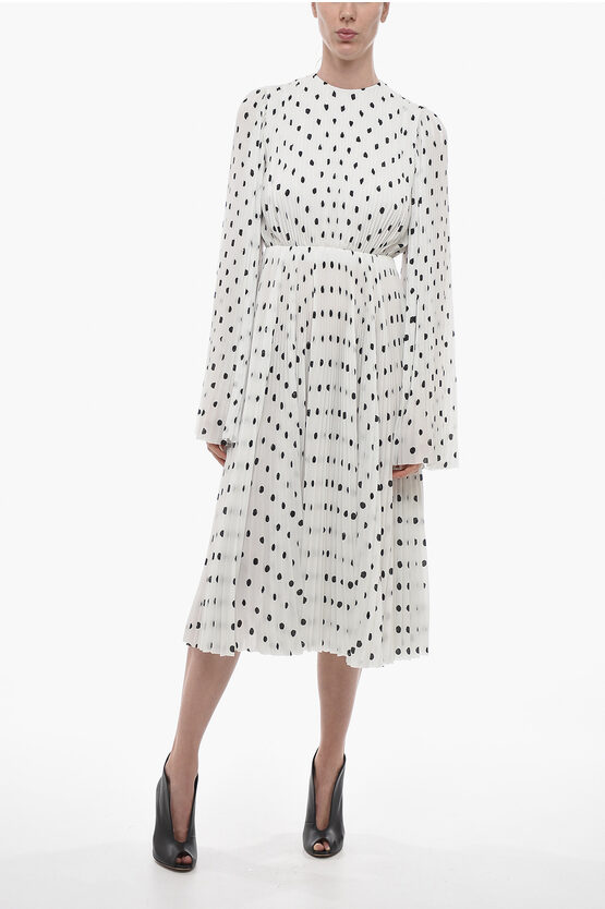 Balenciaga Polka Dot Patterned Accordion Dress With Bell Sleeves In White