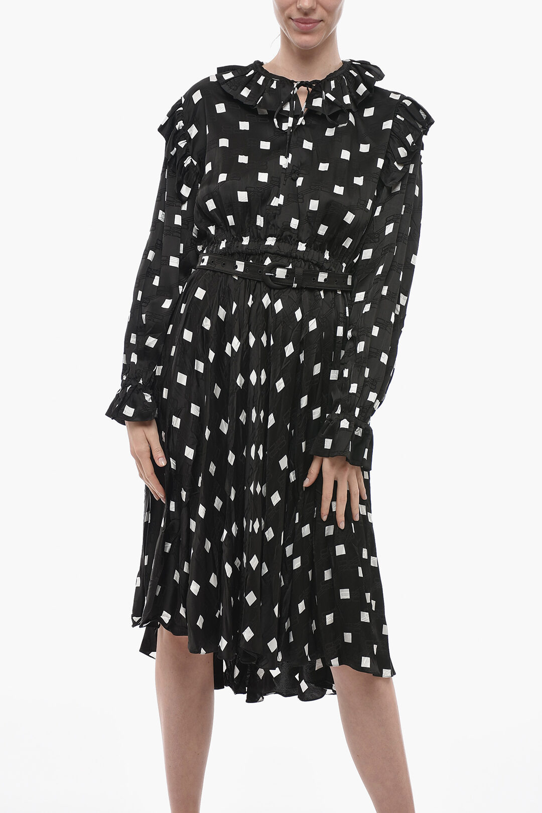 Balenciaga Polka Dot Patterned Satin Shirt Dress with Ruffled Details women Glamood Outlet