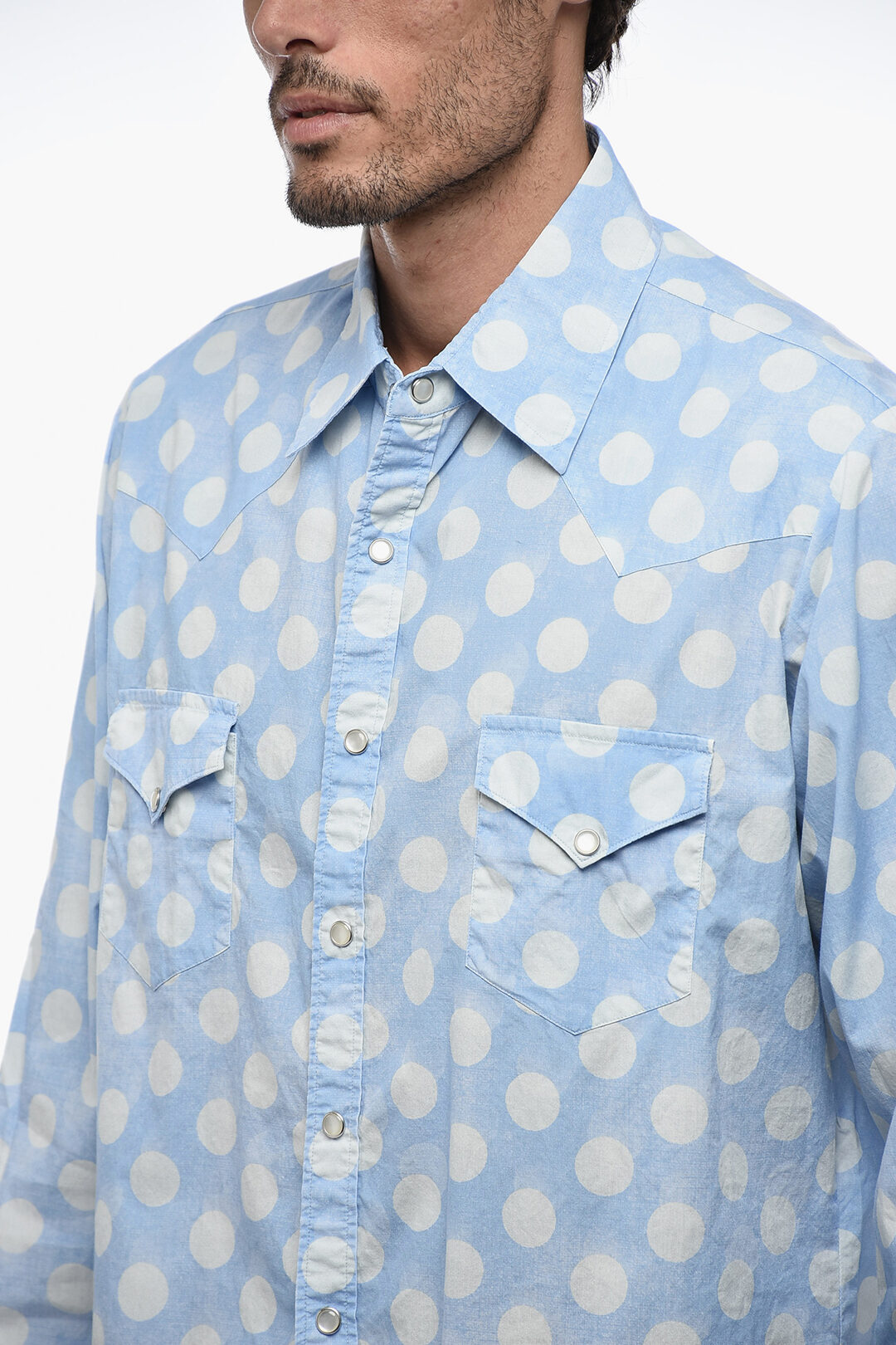 blue white polka dot shirt