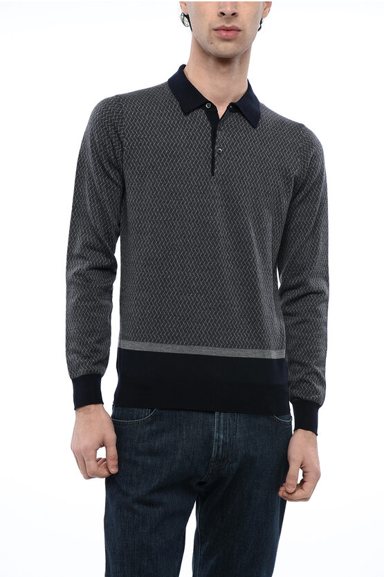 Corneliani Polo Collar Sweater With Geometric Pattern In Black