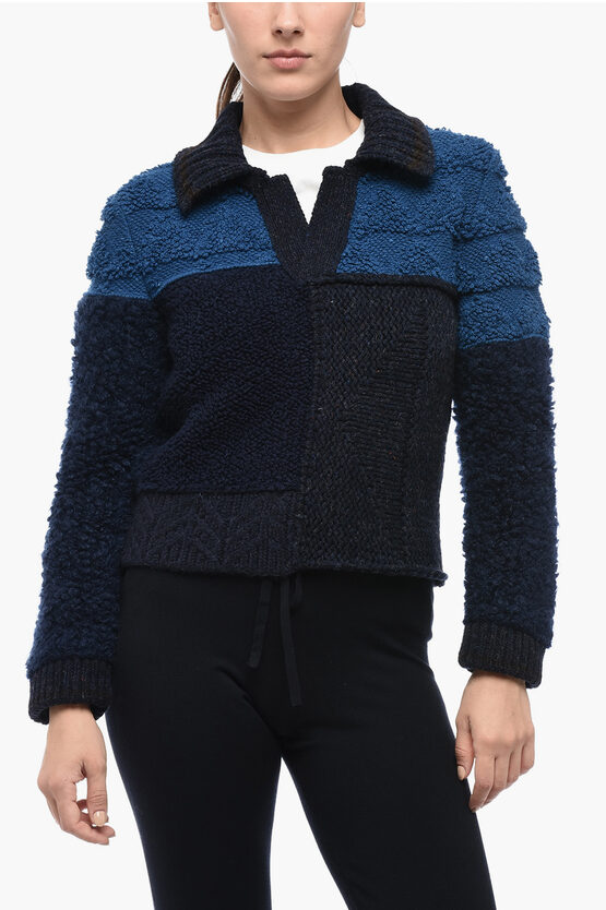 Bottega Veneta Polo Neck Wool Crop Pullover In Blue