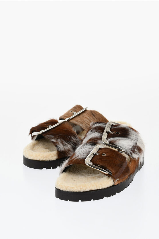 DSQUARED2 PONY HAIR SLIDERS WITH DOUBLE BUCKLE