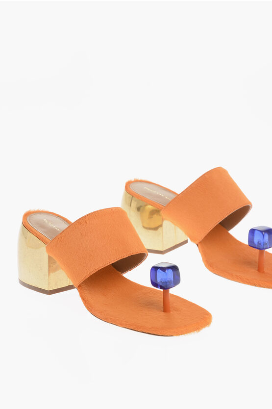 Dries Van Noten Ponyskin Thong Sandals With Golden Heel 7cm In Orange
