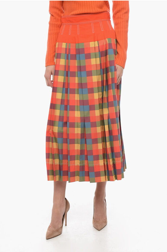 Shop Tory Burch Popeline Check Motif Skirt With Plitted Detail