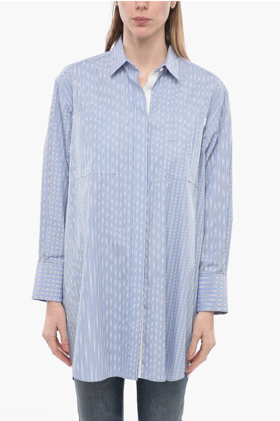 Shop Sacai Popeline Cotton Long Shirt With Balanced Stripe Motif