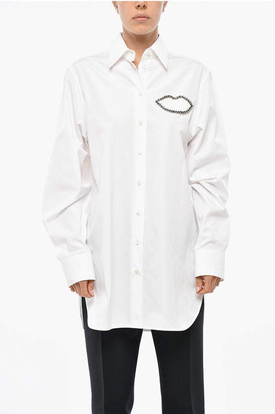 Stella Mccartney Popeline Cotton Shirt With Rhinestoned Detail In White