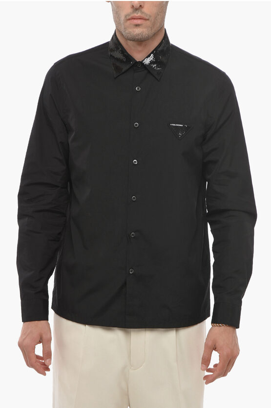 Prada Popeline Cotton Shirt With Sequined Collar And Logo In Black