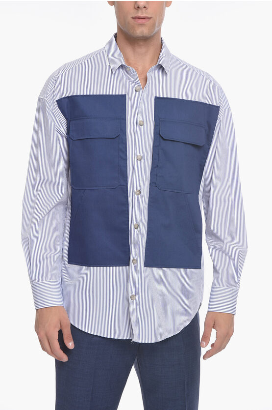 Neil Barrett Popeline Striped Shirt With Maxi Pockets In Blue
