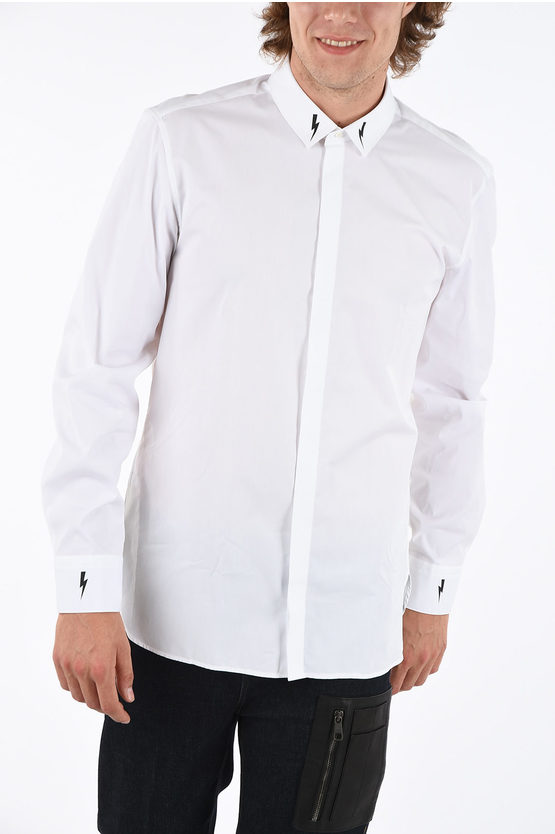 Neil Barrett Popeline Thunderbolt Shirt With Thunderbolt Print On Collar In White