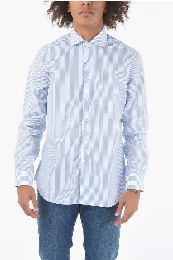 Shop Corneliani Poplin Cotton Shirt In Awning-stripe Motif With Standard Col