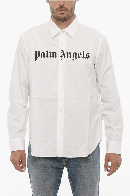 Palm Angels Poplin Cotton Shirt With Printed Logo In White