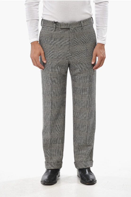 Gucci Prince Of Wales Wool Pants With Cuffed Hem In Gray