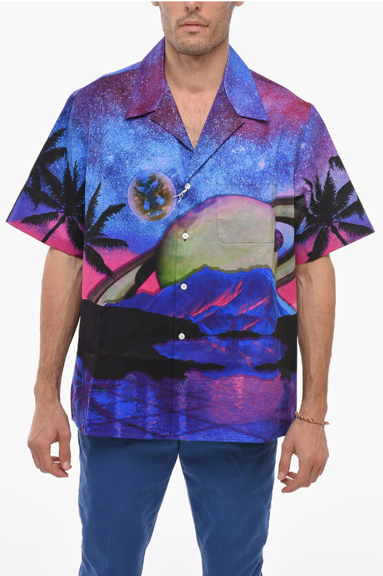 Valentino Printed Cotton Palm Planet Bowling Shirt In Brown
