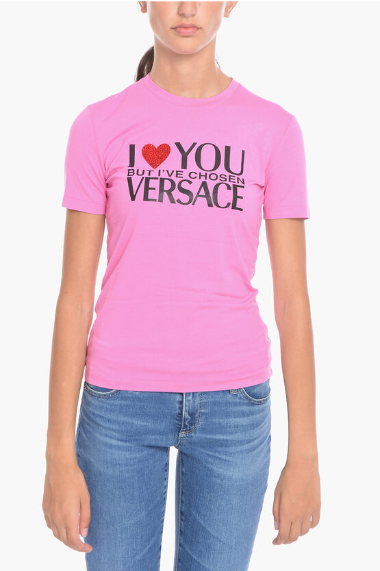 Shop Versace Printed Crewneck T-shirt Embelished With Rhinestones