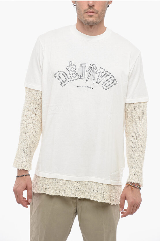 Our Legacy Printed Crewneck T-shirt With Linen Blend Sleeves In White