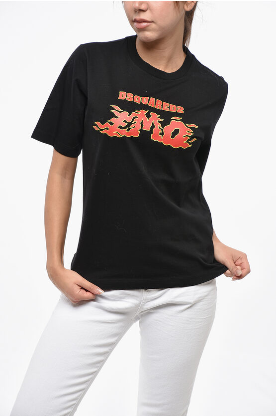 Dsquared2 Printed Easy Fit Cotton Crew-neck T-shirt In Black