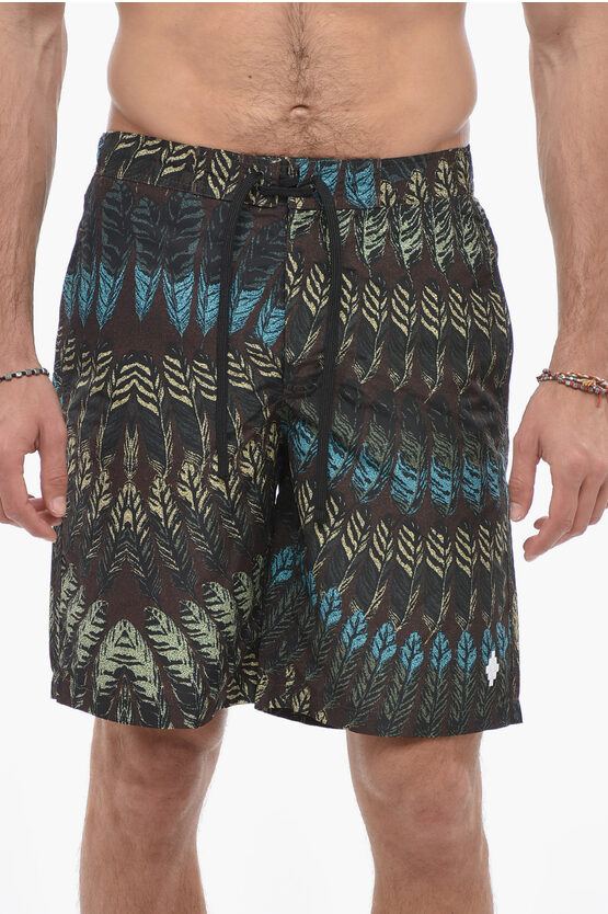 Shop Marcelo Burlon County Of Milan Printed Feathers Swimshorts With Drawstring