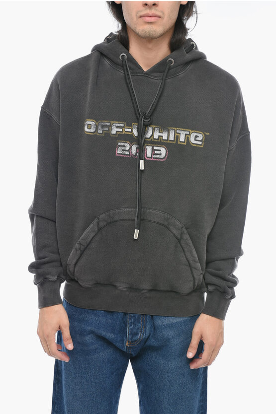 Off-white Printed Hoodie Sweatshirt With Eyelet Detail