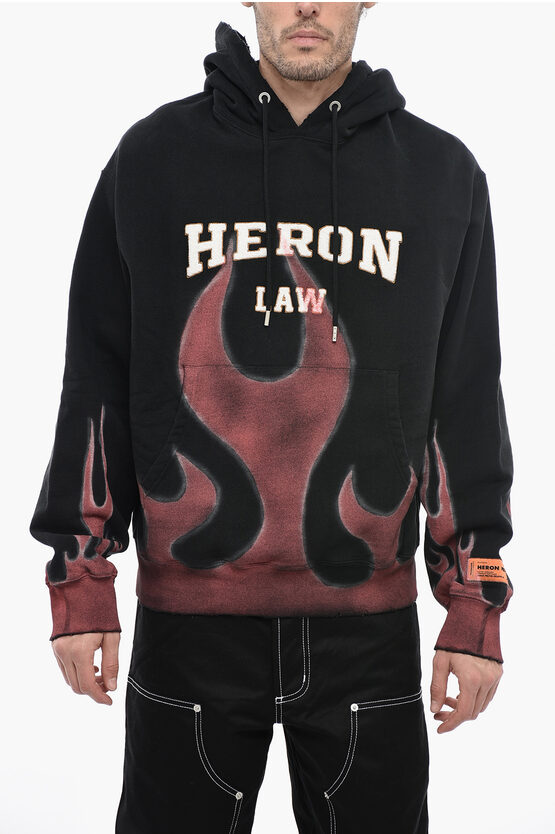 Heron Preston Printed Law Flames Hoodie With Terry Patches In Black