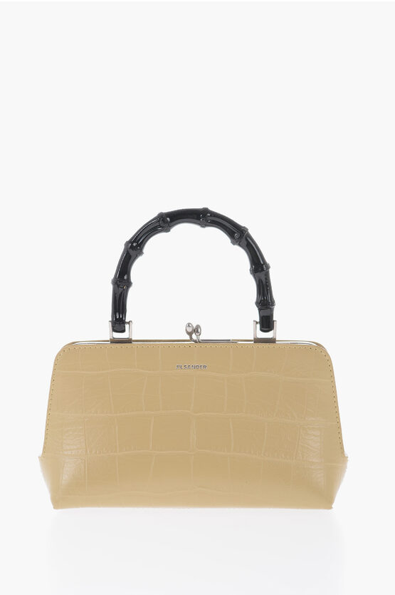Jil Sander Printed Leather Handbag With Bamboo Handle In Brown