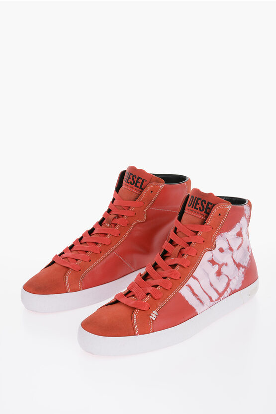 Shop Diesel Printed Leather Leroji Mid X Sneakers