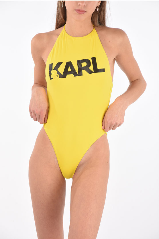 Karl Lagerfeld Printed Logo Halterneck One Piece Swimsuit In Yellow