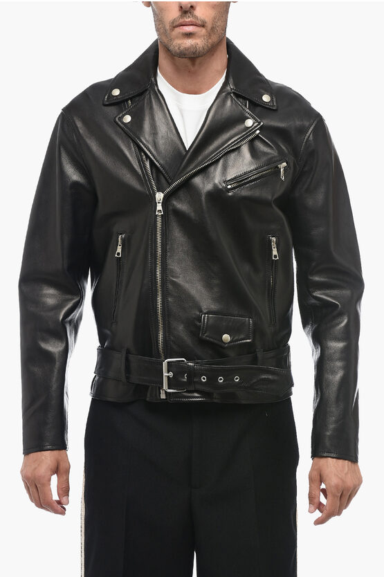 Shop Palm Angels Printed Logo Sleek Leather Biker Jacket