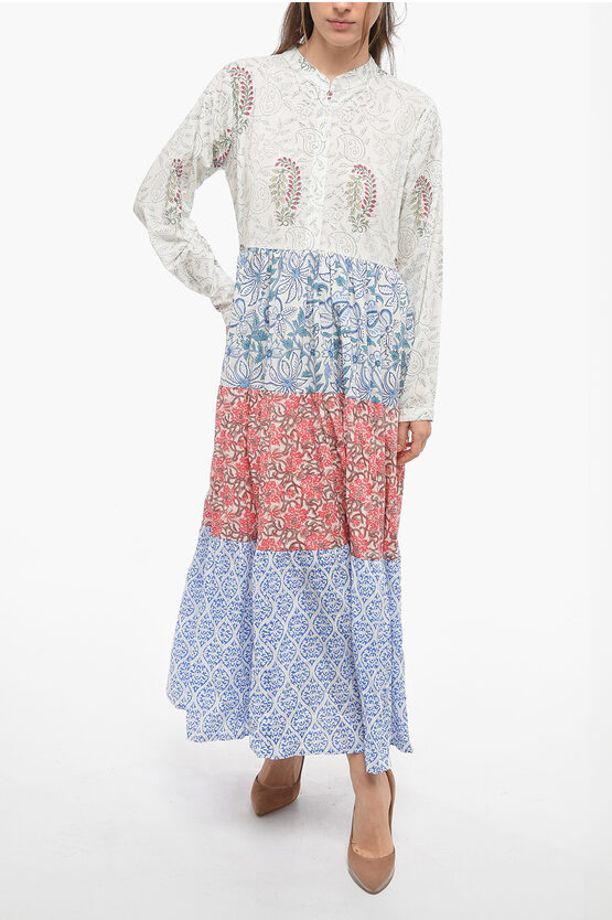 Elleblue Printed Maxi Camilla Tunic Dress With Buttons In Multi