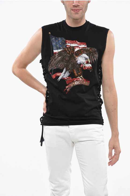 Dsquared2 Printed Mini Fit Lace-up Tank Top Embellished With Sequins A In Black