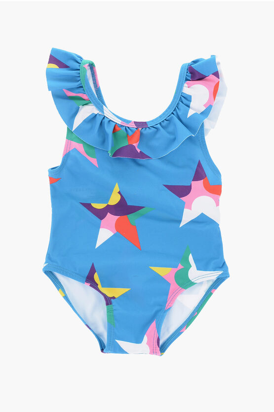 Stella Mccartney Printed One Piece Swimsuit With Ruffle In Blue