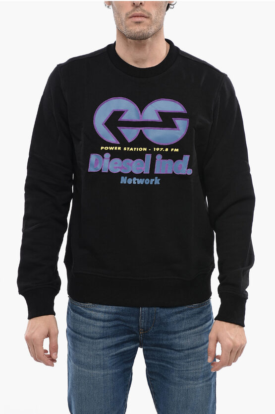 Diesel Printed S-ginn-e1 Crew-neck Sweatshirt With Velvet Edges In Black