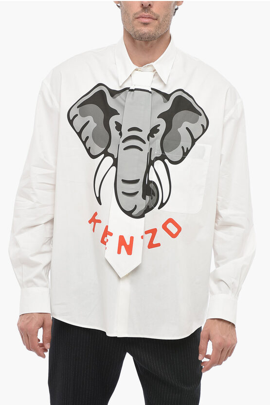 Shop Kenzo Printed Shirt Elephant With Tie Detail