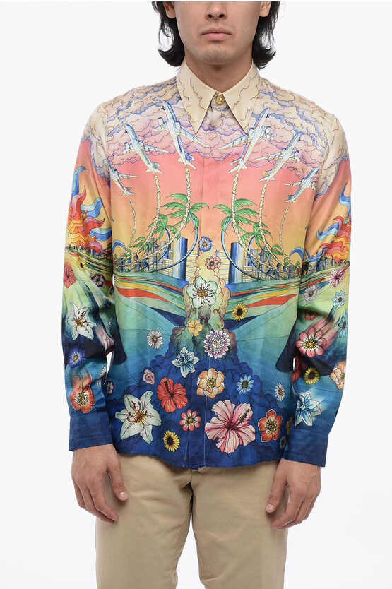 Shop Casablanca Printed Silk Long Sleeved Shirt