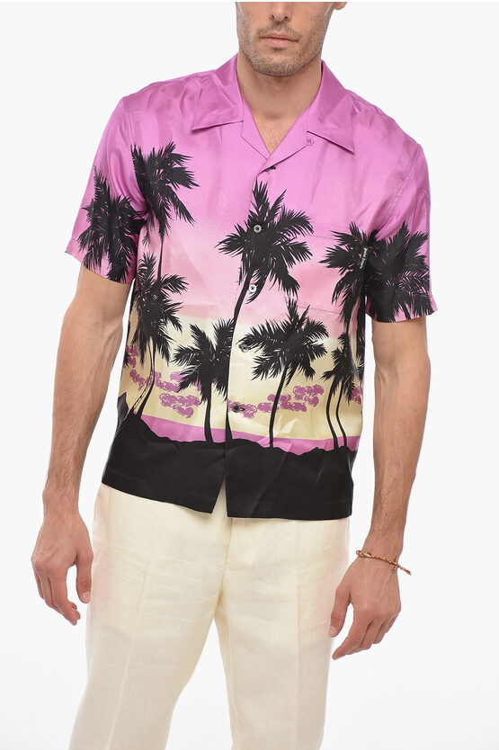 Palm Angels Printed Silk Sunset Bowling Shirt In Pink