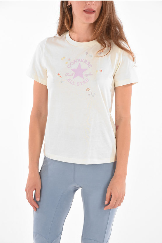 Converse Printed T-shirt With Floral Embroidery In White