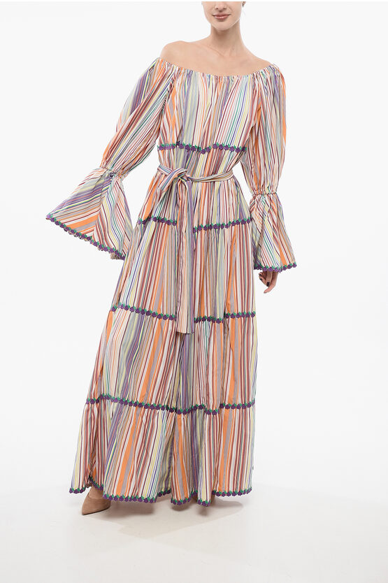 Flora Sardalos Puffed Sleeves Striped Long Dress With Embroidered Details