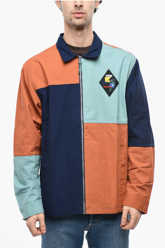Puma X Butter Colour Block Patterned Cotton Overshirt With Zi In Multi