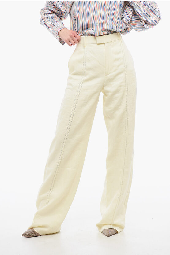 Bottega Veneta Pure Linen Pants With Embroidered Front Pince
