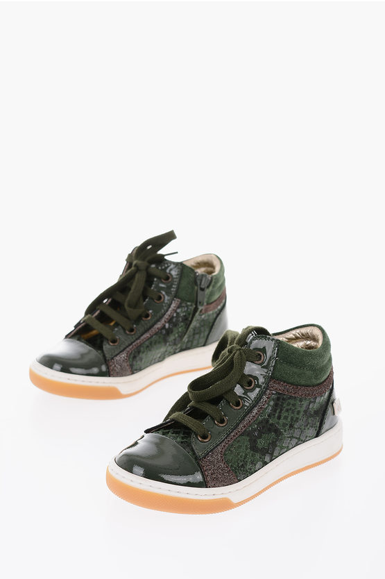 Monnalisa Python Effect Patent Leather High Top Sneakers With Side Zip In Black