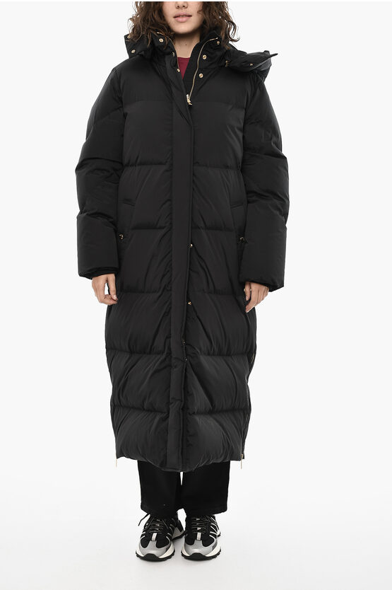 Woolrich Quilted Aurora Maxi Down Jacket With Golden Effect Details In Black