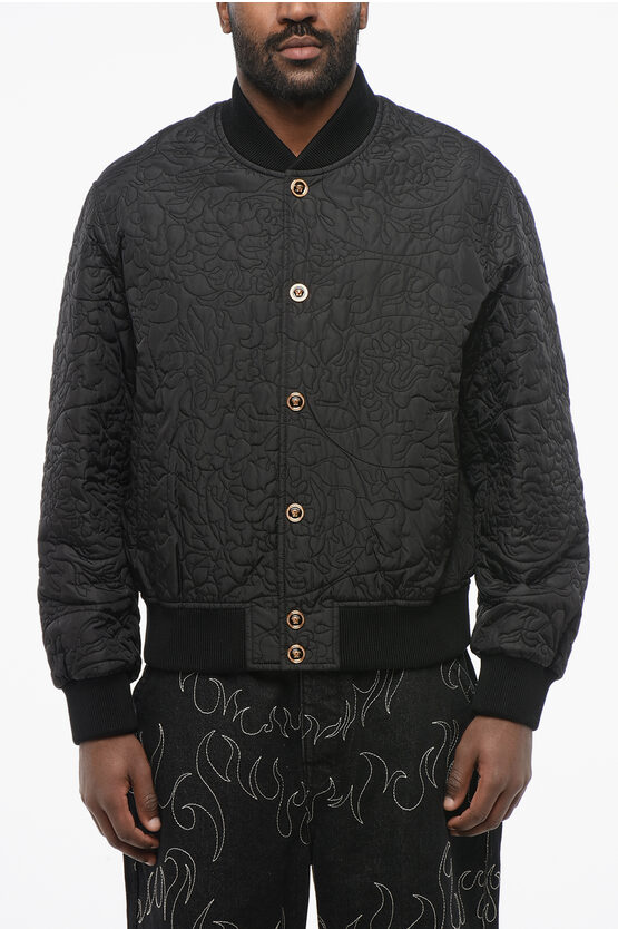 Versace Quilted Barocco Bomber Jacket With Jewel Buttons
