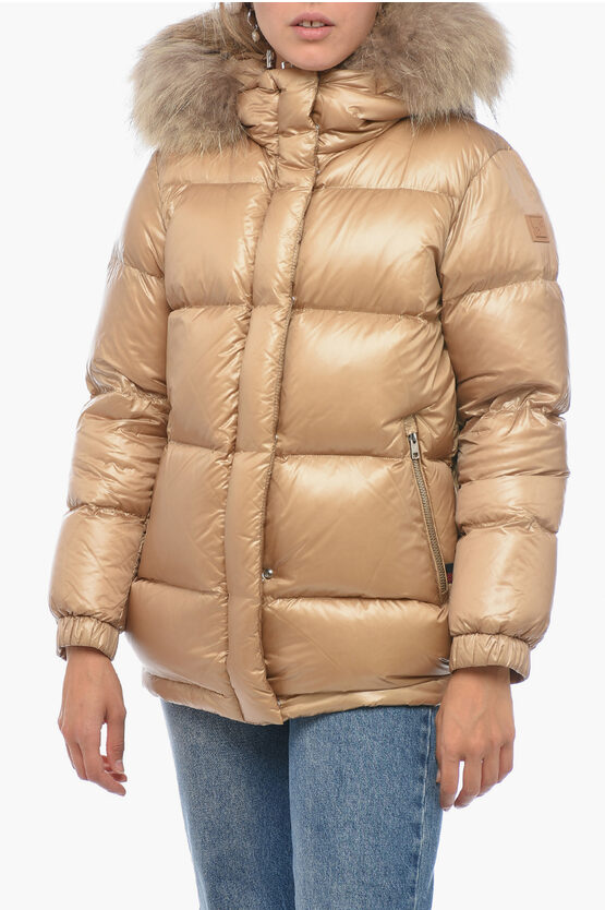 Woolrich Quilted Down Jacket With Detachable Real Fur Trim In Gold