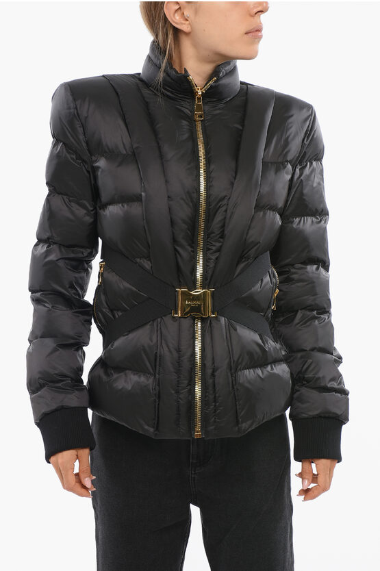 Balmain Quilted Down Jacket With Golden Buckle Technical Belt In Black