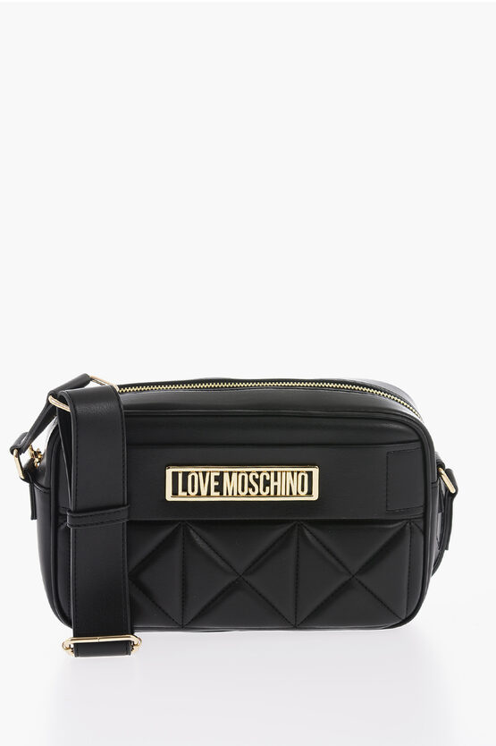 Moschino Quilted Faux Leather Camera Bag With Golden Logo In Black