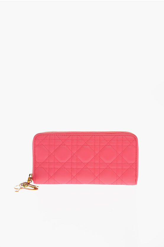 Dior Quilted Leather Lady  Wallet With Charm Logo In Pink